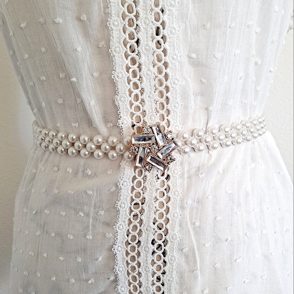 Faux white pearl beaded rhinestone wedding elastic stretch waist statement belt - Picture 1 of 7